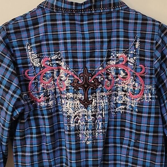 Wrangler Rock 47th Western Plaid Embellished Cowgirl Rockabilly Snap Shirt - Picture 6 of 7